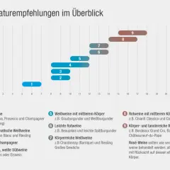 Übersicht der Wein-Stile und ihrer idealen Trinktemperatur. Rotwein Temperatur liegt zwischen 15-18°C für mittelschwere und 16-18°C für körperreiche Sorten.
