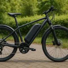 Czarny rower elektryczny wavelo z baterią na ramie, gotowy na miejskie wyprawy po ścieżkach wśród zieleni.