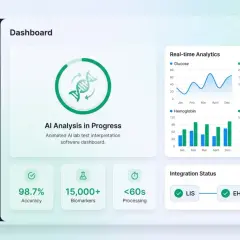 Dashboard di software medici Kantesti: analisi AI in corso, grafici in tempo reale, accuratezza 98.7%, 15.000+ biomarcatori, integrazione LIS/EHR/FHIR.