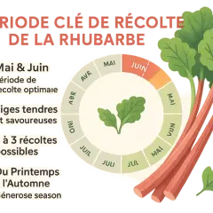 Quand cueillir la rhubarbe : Mai et Juin sont la période de récolte optimale pour des tiges tendres et savoureuses. Profitez de 2 à 3 récoltes du printemps à l'automne.