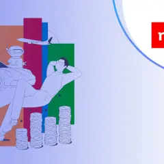 Zrelaksowany człowiek na tle wykresów, symbolizujących marzenia o podróżach i samochodzie, dzięki mBank lokata na nowe środki.