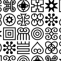 Collection de symboles géométriques noirs sur fond blanc, évoquant un riche motif africain.