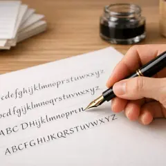 Learning how to make cursive letters with a fountain pen and ink. Practicing the alphabet on lined paper.