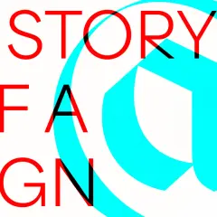Czerwony napis "HISTORY OF A SIGN" na tle niebieskiego symbolu @.