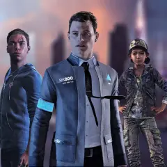 Trzech bohaterów z gier, w tym android RK800, w klimacie gier podobnych do Detroit: Become Human.