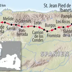 Karte zeigt den Jakobsweg von St. Jean Pied de Port bis Santiago de Compostela. Orte wie Pamplona, Burgos und León sind markiert.