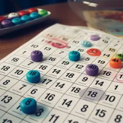 Kolorowe żetony na karcie do gry bingo. W tle widać tacę z kolejnymi żetonami.