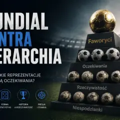 Złota piłka na szczycie piramidy symbolizuje faworytów mundialu. Pod nią warstwy z piłkami: oczekiwania, rzeczywistość i niespodzianki. Analiza rankingów mundialu.