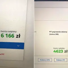 Na ekranie widoczna kwota zwrotu PIT-11: 6166 zł i 4623 zł. PIT poprawnie złożony.