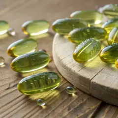 Gula kapslar med omega 3 till barn, glänsande av ljus, ligger utspridda på trä.