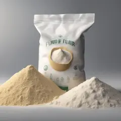 En stor säck med mjöl står bakom tre högar av olika mjölsorter. Perfekt för att förvara mjöl i köket.