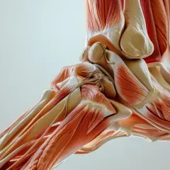 Anatomia stopy z widocznymi mięśniami i ścięgnami, w tym ścięgno Achillesa.