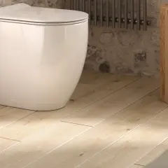 Bagno moderno con vaso e bidet bianchi su un caldo pavimento in pvc per bagno, opinioni positive per questo stile.