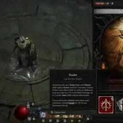Interface de Diablo 4 : le joueur choisit l'Oath "Zealot", une classe axée sur les attaques rapides et les bonus de dégâts.