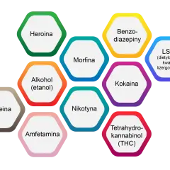 Wykres przedstawia najbardziej uzależniające substancje: heroinę, alkohol, nikotynę, amfetaminę, kofeinę, morfinę, benzodiazepiny, kokainę, LSD i THC.
