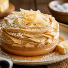 Gâteau crémeux avec chantilly chocolat blanc, garni de copeaux dorés et saupoudré de sucre glace. Un délice visuel et gustatif.