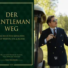 Ein Mann mit Zigarre und Golfschläger verkörpert gentlemanlike verhalten. Daneben das Buch "Der Gentleman Weg" über Stil und Klasse.