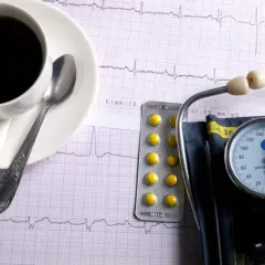 Kawa Inka, tabletki i ciśnieniomierz na tle EKG. Czy kawa Inka obniża ciśnienie? To pytanie zadaje sobie wiele osób.