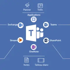 Schéma montrant les fonctionnalités de Microsoft Teams : chat, téléphonie, visioconférence, partage d'écran, documents, notes, tableau blanc, contacts, événements, agenda, tâches, diffusion de vidéos, Planner, Trello, Exchange, Stream, SharePoint et On...
