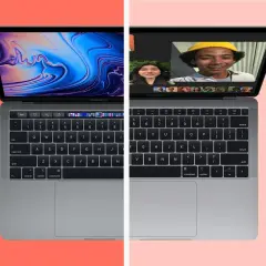 Zwei MacBooks nebeneinander: links ein MacBook Pro mit abstraktem Wallpaper, rechts ein MacBook Air mit Videoanruf. Der MacBook Air und Pro Unterschied wird hier visuell.