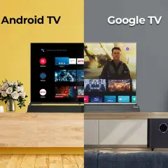 Porównanie interfejsów Android TV i Google TV. Na ekranie widać aplikacje, filmy i seriale, w tym "Top Gun: Maverick" i "Moonfall".