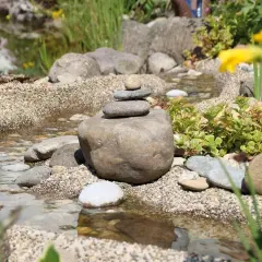 Un aménagement ruisseau naturel avec des galets empilés, des plantes succulentes et des fleurs jaunes. L'eau reflète le ciel.