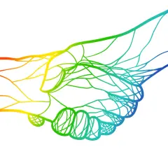 Zwei Hände, verbunden durch bunte Adern, symbolisieren das Vertrauen, sich auf jemanden verlassen zu können.