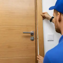 Un homme en casquette bleue ajuste le chant de porte en bois, mesurant l'espace pour une isolation parfaite.
