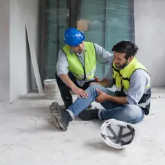 Operaio ferito assistito da un collega. La scena evoca la necessità di un risarcimento per morte sul lavoro o infortunio grave.