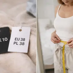 Dwa metki z rozmiarami: UK 10 i EU 38/PL 38. Obok kobieta mierzy talię centymetrem.