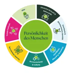 Kreisdiagramm zeigt Vielfalt Beispiele: Alter, ethnische Herkunft, Geschlecht, Fähigkeiten, Religion, sexuelle Orientierung, soziale Herkunft.