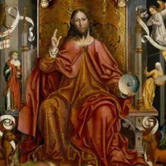 El Cristo entronizado, con túnica roja y dorada, bendice y sostiene un orbe. A su lado, ángeles y figuras bíblicas.