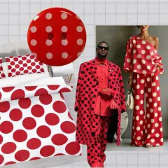 A bold red and white polka dot theme, from bedding to fashion, showcasing the playful polka dot meaning.