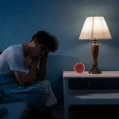 Un joven sentado en la cama, con la cabeza entre las manos, ilustra qué pasa si no duermes una noche. La lámpara de noche y el reloj marcan la hora.