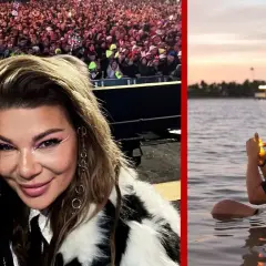 Młody mężczyzna, syn Guwera, zapala cygaro w wodzie o zachodzie słońca. Na drugim zdjęciu pozuje z kobietą na tle tłumu.