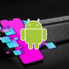 Jak otworzyć plik zip na telefonie z Androidem? Ikony aplikacji i logo Androida unoszą się nad ekranem smartfona.