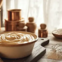 Un bol de pâte à beignets crémeuse, prêt à être cuisiné. Farine et fouet à proximité.
