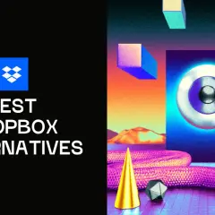 Discover the best encrypted Dropbox alternatives. Explore secure cloud storage options with this vibrant, abstract graphic featuring geometric shapes and a retro-futuristic landscape.
