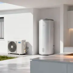 Unidades exteriores e interiores para acs agua caliente sanitaria, con un termo y una cocina moderna con vapor saliendo del grifo.