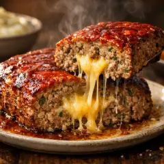 Un délicieux pain de viande dégoulinant de fromage fondant, nappé d'une sauce rouge appétissante.