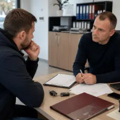 Dwóch mężczyzn przy biurku omawia dokumenty. Na stole leżą kluczyki do auta, co sugeruje zwrot samochodu po zakupie lub finalizację transakcji.