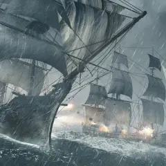 Dwa żaglowce walczą na wzburzonym morzu podczas burzy. Scena jak z gier o piratach, pełna akcji i dramatyzmu.