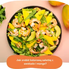 Kolorowa sałatka z awokado, krewetkami, mango i rukolą. Idealna na lekki posiłek.