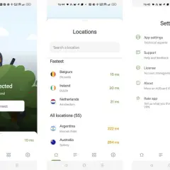 Ekran główny AdGuard VPN pokazuje połączenie z Londynem. Dostępne są lokalizacje takie jak Belgia, Irlandia, Holandia, Argentyna i Australia.