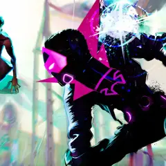 Miles Morales kämpft gegen einen bedrohlichen Gegner im Stil von "Spider-Man: Beyond the Spider-Verse".