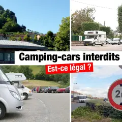 Panneaux interdisant le camping-car sauvage. Des camping-cars sont garés dans un parking.