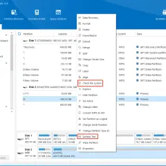 MiniTool Partition Wizard: Menü "Check File System" ist geöffnet. Hier kann man die Festplatte prüfen, ähnlich wie mit xcopy /y.