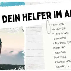 Eine Person mit Hut und Rucksack blickt auf eine Liste mit Bibelversen, die Gott als Helfer im Alltag zeigen.