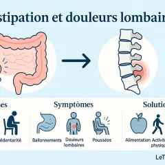 Illustration montrant le lien entre constipation et douleurs lombaires. Causes : arthrose, sédentarité. Symptômes : ballonnements, douleurs lombaires, poussées. Solutions : alimentation, activité physique, rééducation.