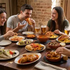 Amigos disfrutan de una ruta de tapas con variedad de platos: gambas, pescado, mejillones, albóndigas y más.